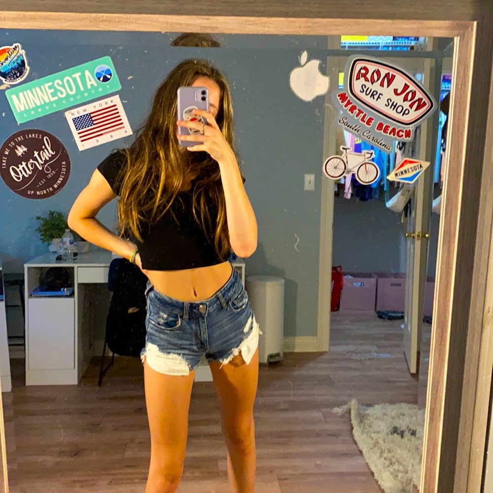 american eagle blue ripped shorts